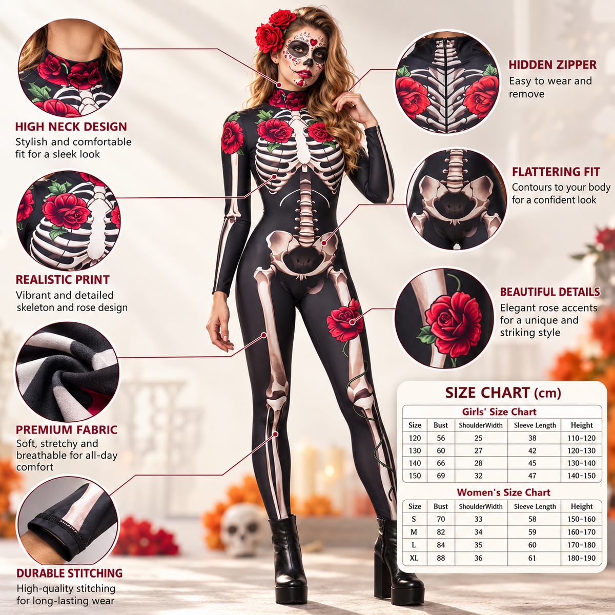 Womens Skeleton Rose Print Long Sleeve Catsuit Halloween Costume