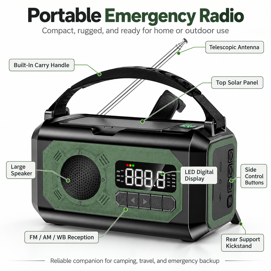 Wind Up Weather Radio 12000mAh Digital LCD NOAA Solar Kickstand