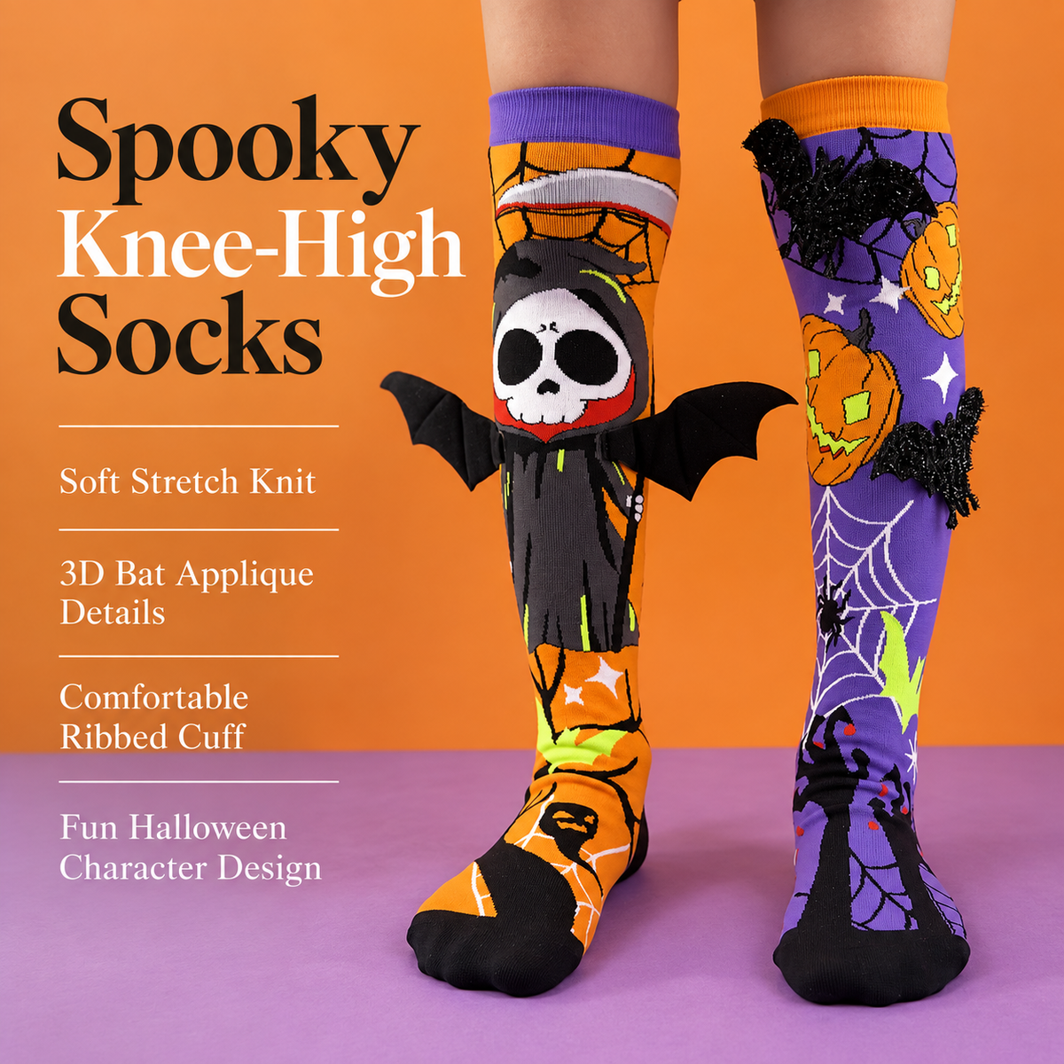 3D Bat and Pumpkin Halloween Socks Mismatched Pair Novelty Socks