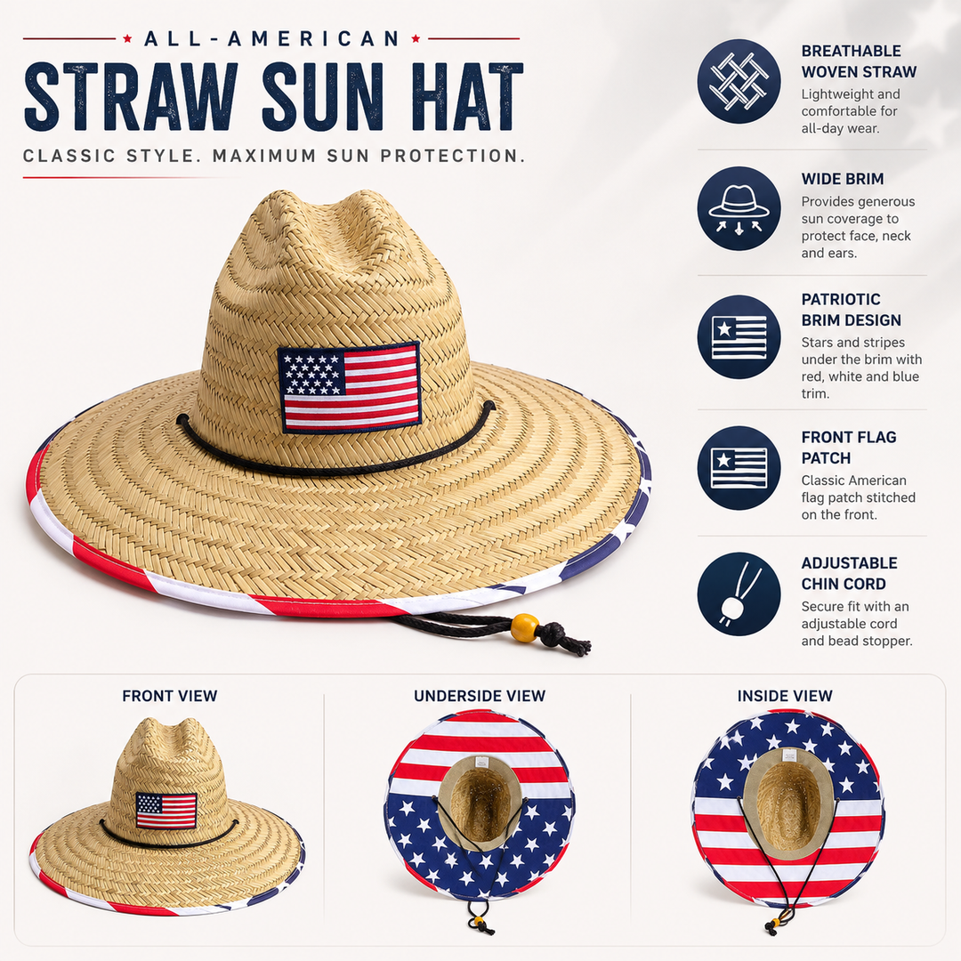 USA Flag Wide Brim Straw Sun Hat American Patriotic Beach Outdoor