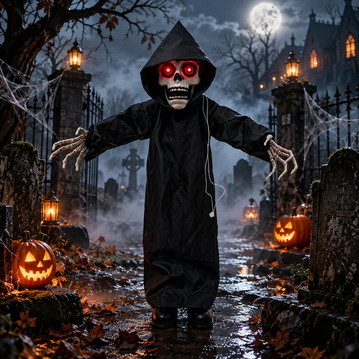 Animated Grim Reaper Halloween Decoration Red LED Eyes Standing Prop