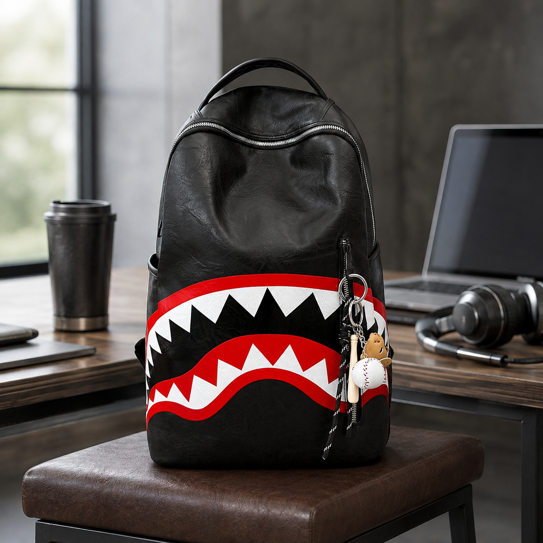Shark Print Street Style School Backpack, Large Capacity Travel Bag