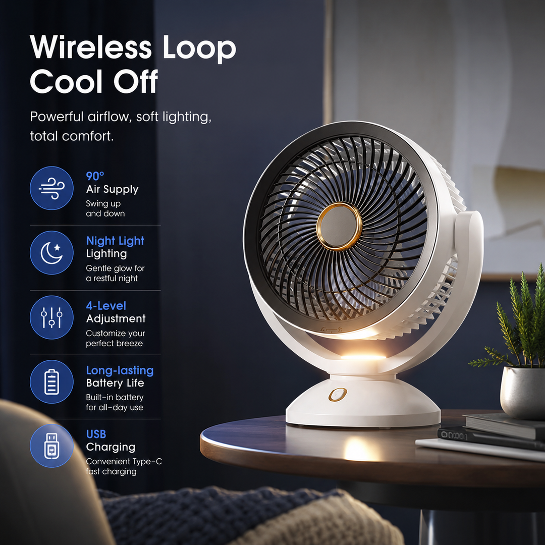 Rechargeable Portable Desk Fan USB Quiet Cooling Fan with Night Light