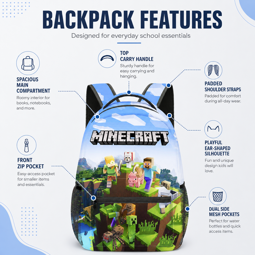 Minecraft Boys and Girls School Backpack, Double-Sided Print 20L Lightweight Bookbag
