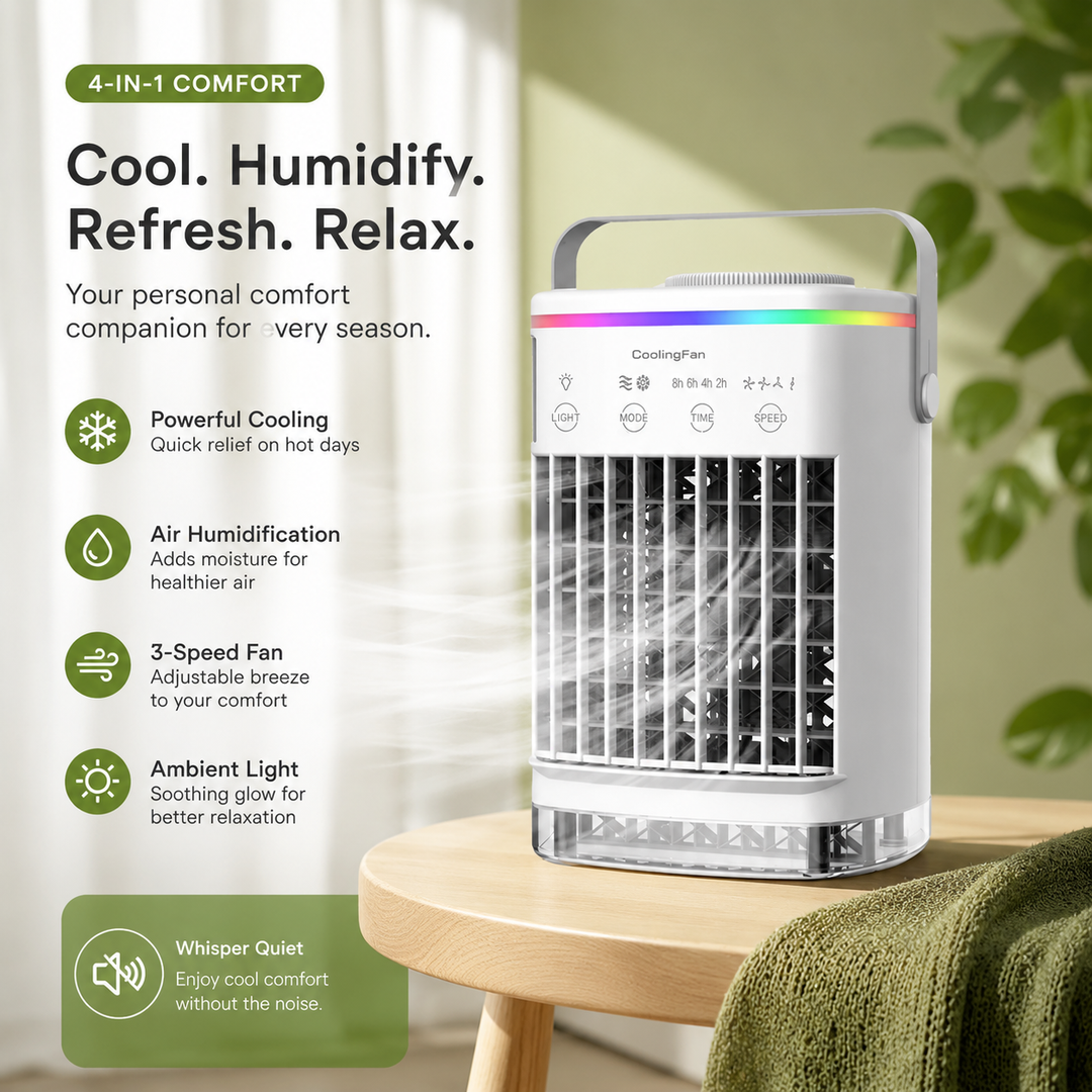 Mini Portable Air Conditioner Fan 4-in-1 USB Air Cooler Humidifier 8H Timer