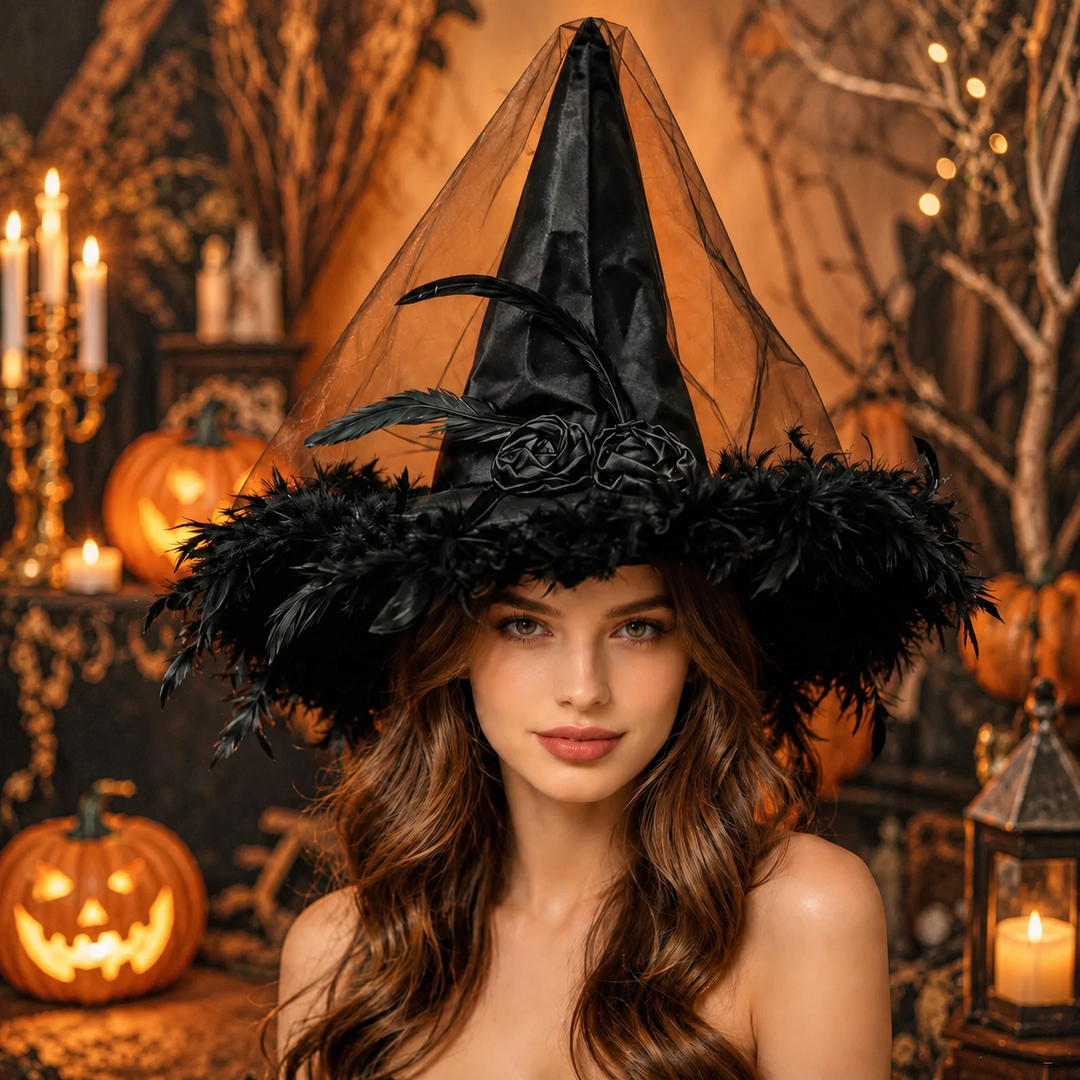 Feather Witch Hat Black and Purple Halloween Costume Accessory