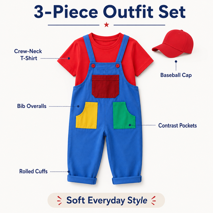 Super Mario Bros Costume Overalls Set with Cap for Kids