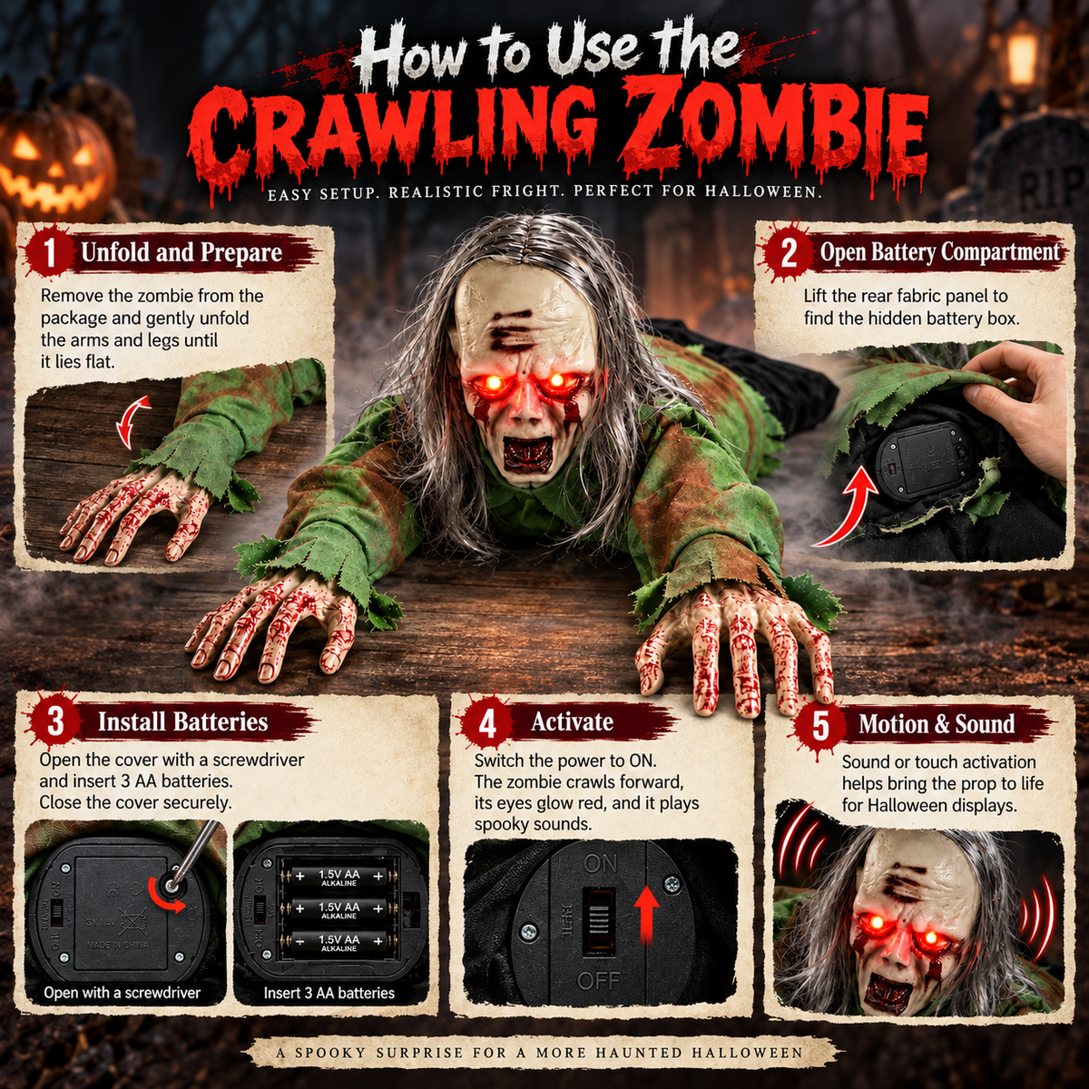 Long Haired Crawling Zombie Prop Light Up Eyes Sound Activated Halloween Decoration