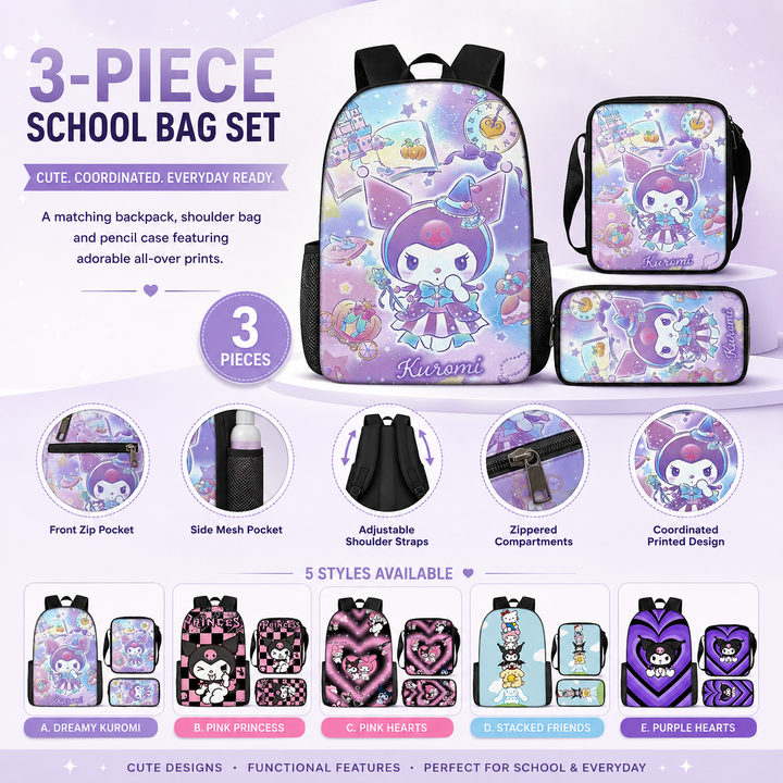 Kuromi Girls 3-Piece School Backpack Set with Shoulder Bag &amp; Pencil Case