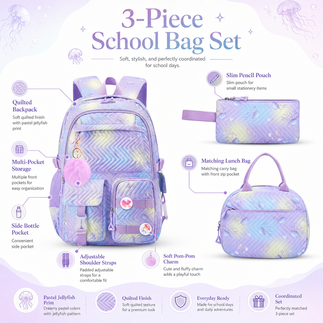 Girls School Backpack 3-Piece Set with Lunch Bag &amp; Pencil Case, Lightweight