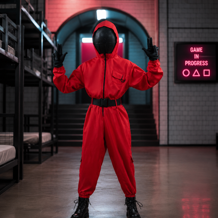 Kids Adults Bank Robber Halloween Costume Red Jumpsuit Cosplay Mask Heist Roleplay Outfit Set