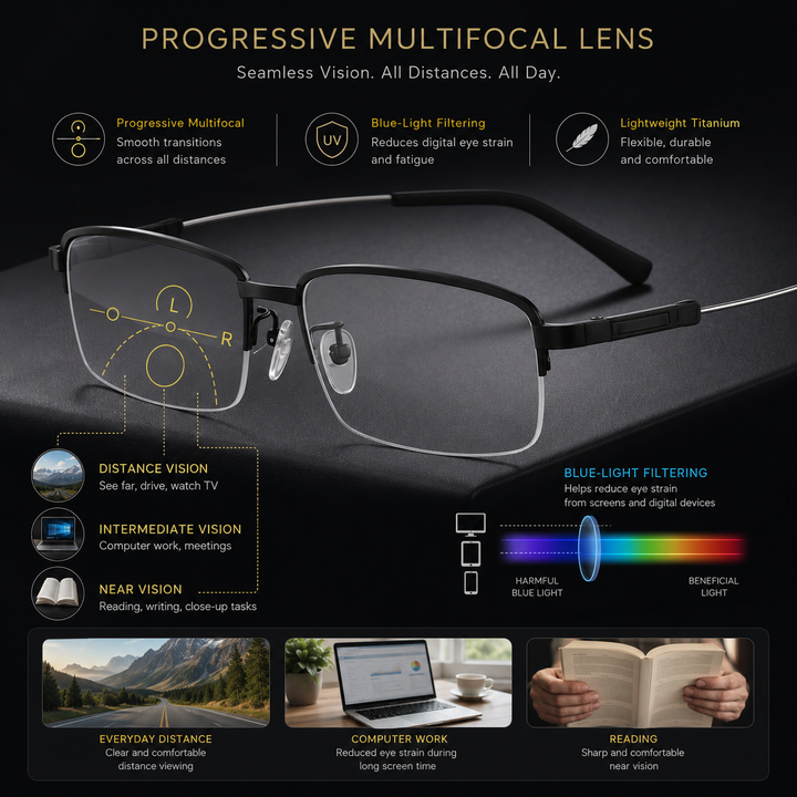 Progressive Optical Glasses with Blue Light Filter and Auto Vision Adjustment