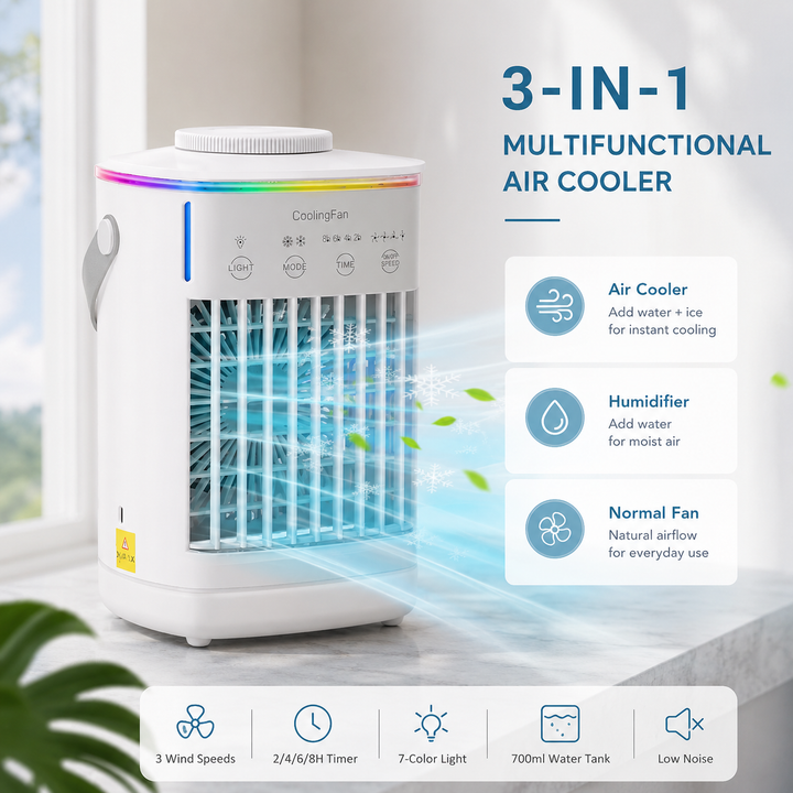 Portable Air Conditioner 700ml Tank USB Table Fan Humidifier RGB Timer