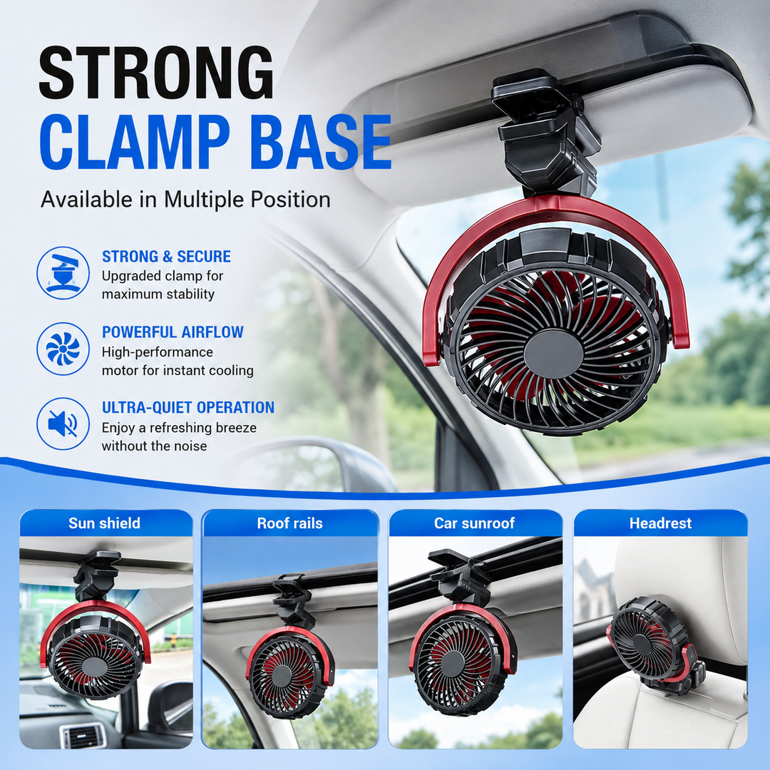 Car Fan Clamp-On Rechargeable 2000mAh Brushless 360 Rotating Portable Cooling