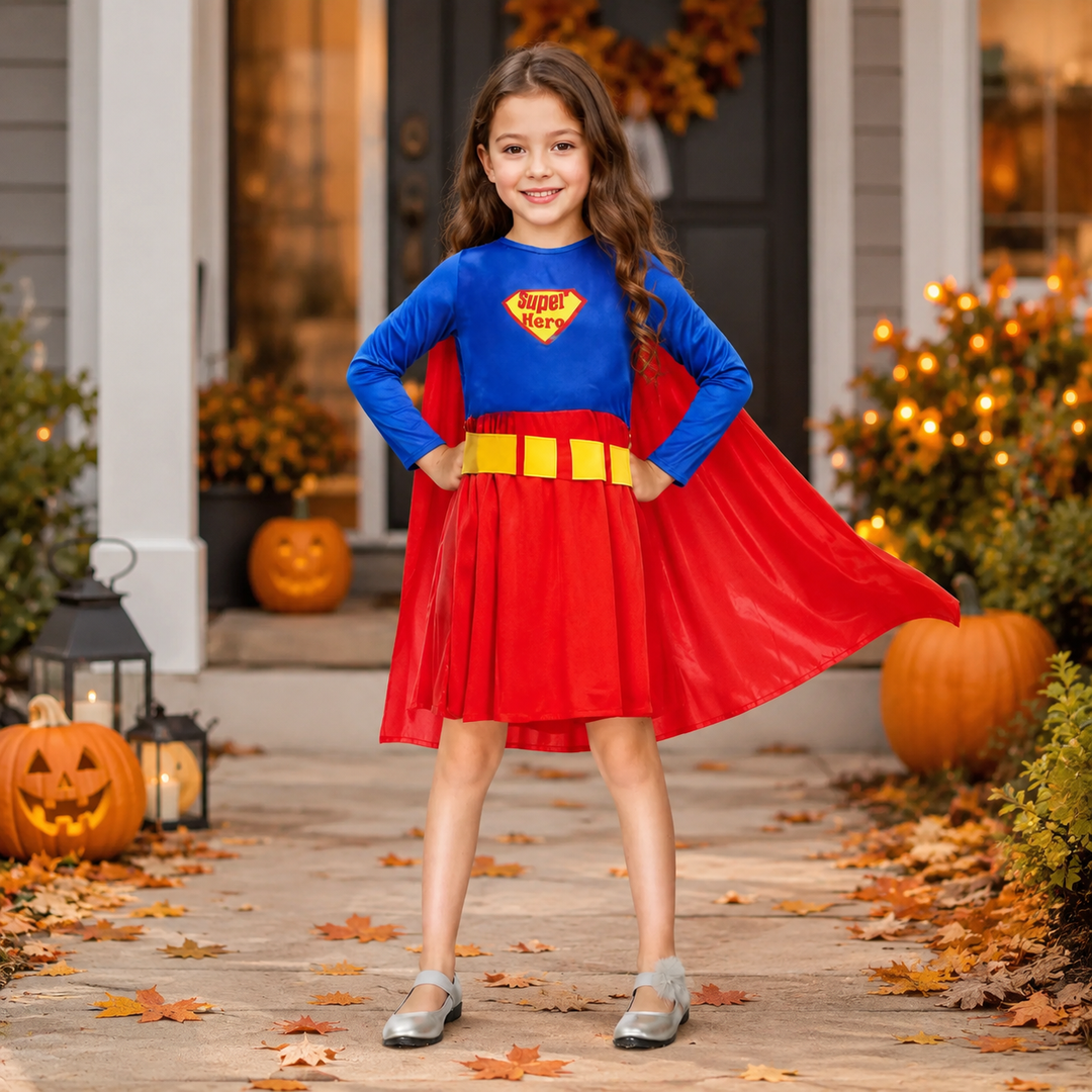Superhero Costume Dress with Cape for Girls Halloween Costume