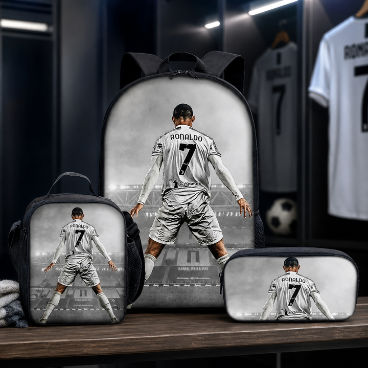 Football Player School Backpack 3Pcs Set Kids Boys Girls 3D Cartoon Gift