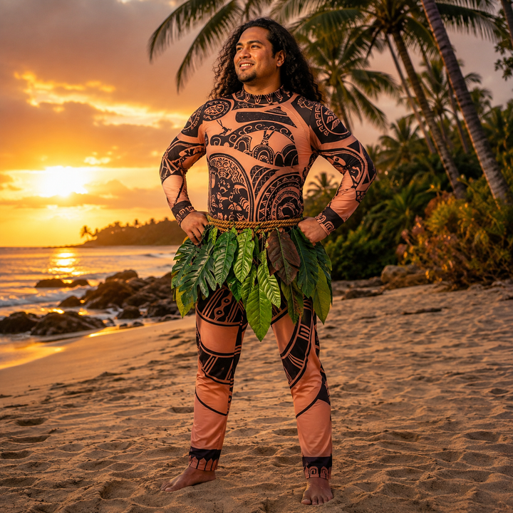 Moana Maui Costume with Tattoo Print and Leaf Skirt Halloween