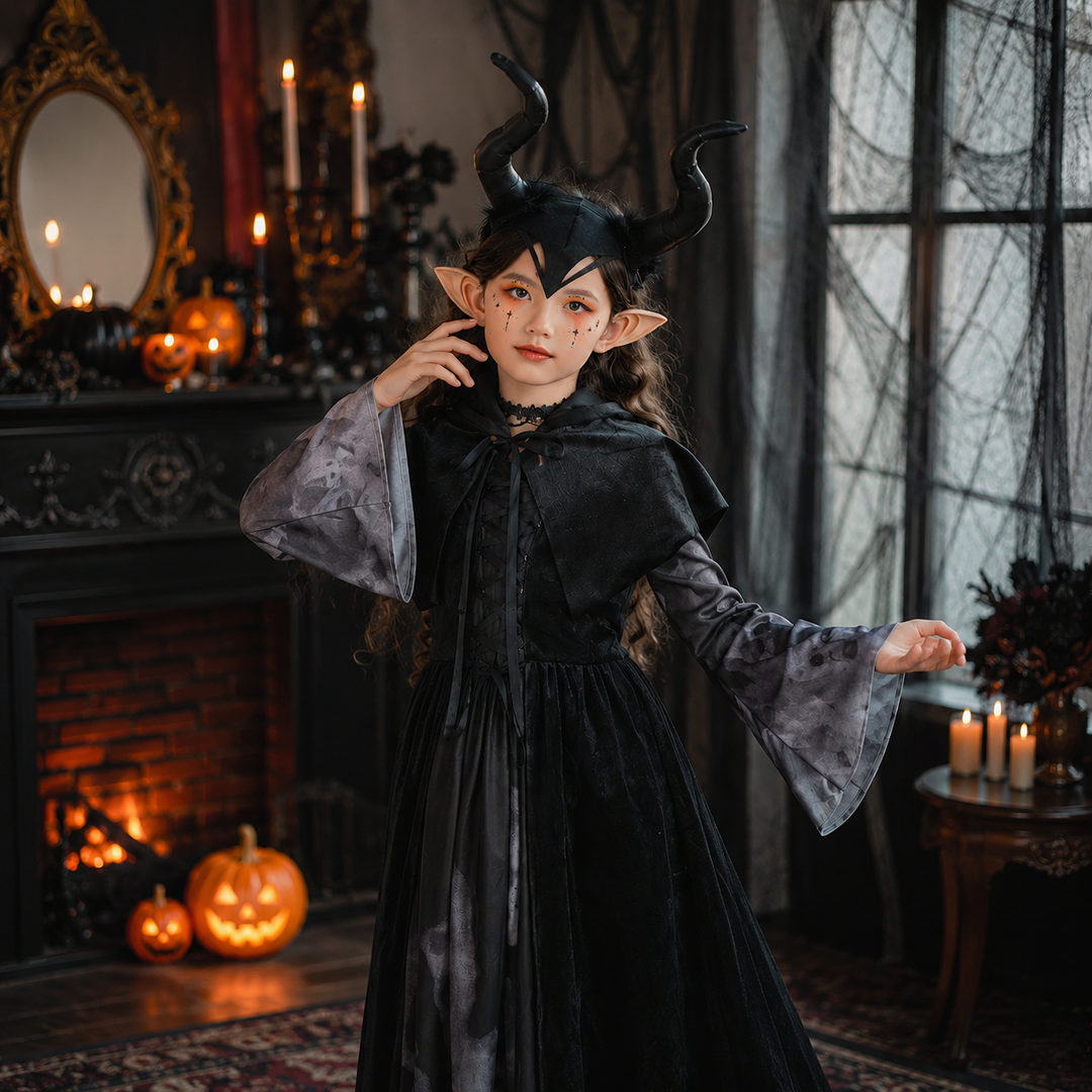 Kids Girls Halloween Long Dress Witch Vampire Skeleton Costume Cosplay Performance Outfit Set
