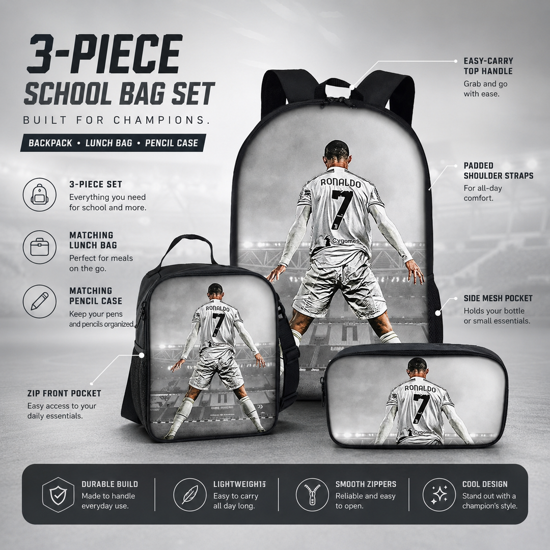 Football Player School Backpack 3Pcs Set Kids Boys Girls 3D Cartoon Gift