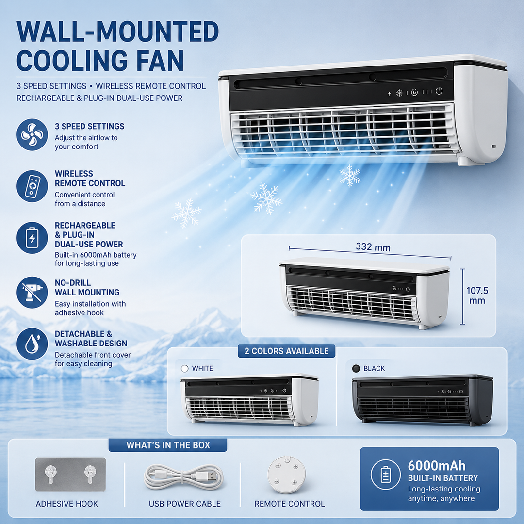 Cordless Wall Mounted Kitchen Fan Wireless Cooling Mist No Drill Dormitory