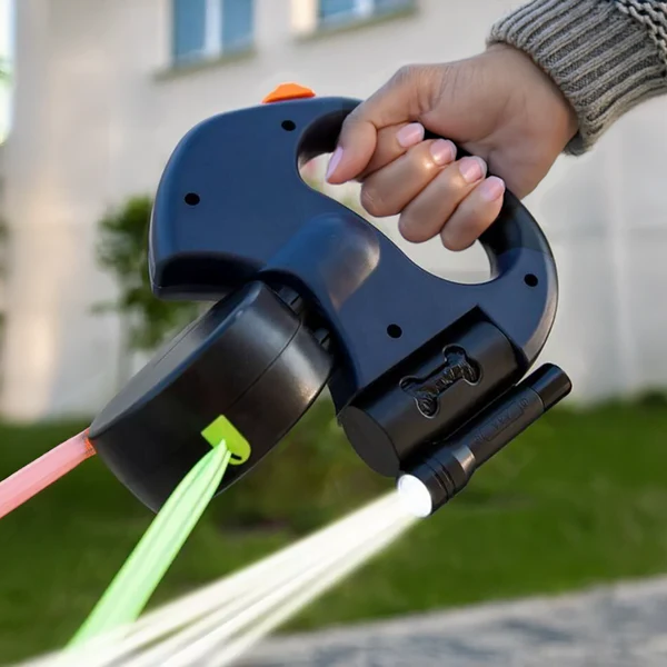 Dual Retractable Dog Leash with Flashlight and Waste Bag Holder
