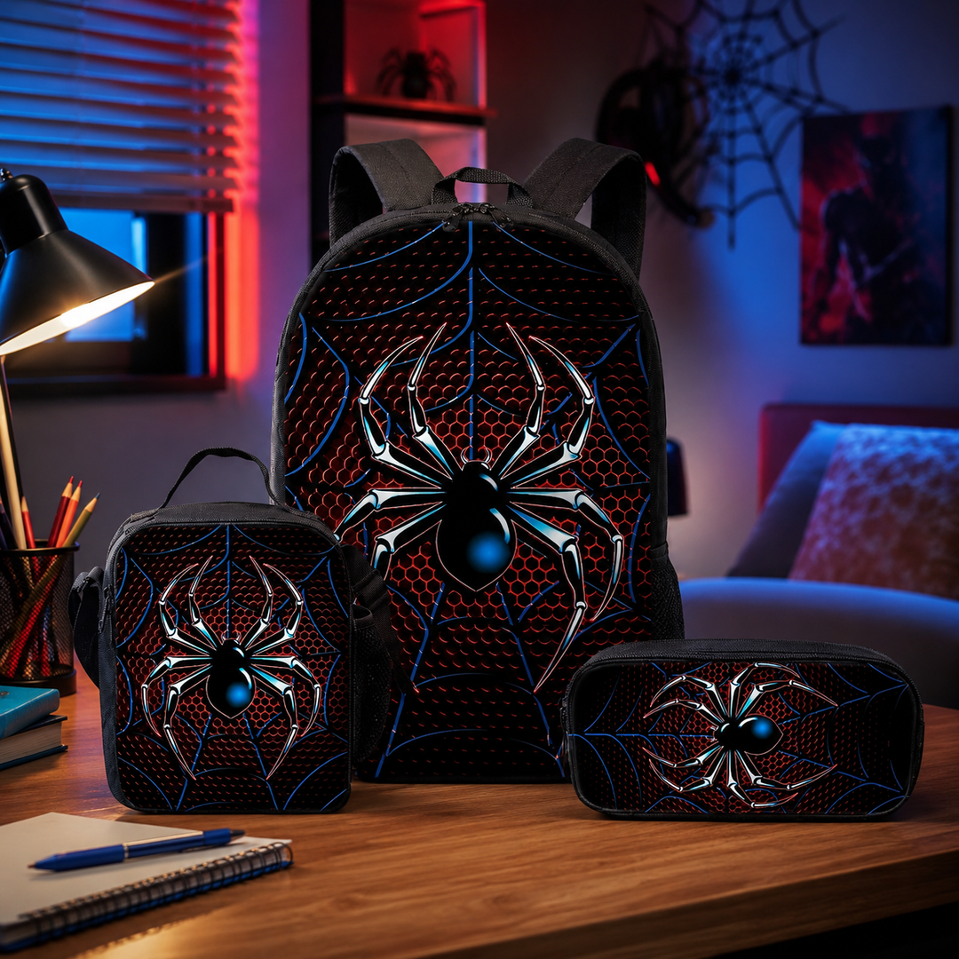 Spider 3D Print School Backpack 3Pcs Set Student Laptop Daypack Crossbody