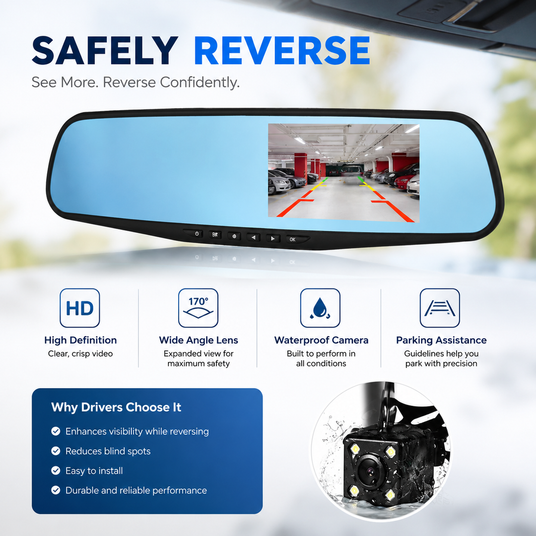 Rearview Mirror Dash Cam 1080P HD Dual Camera Front Rear DVR Video Recorder