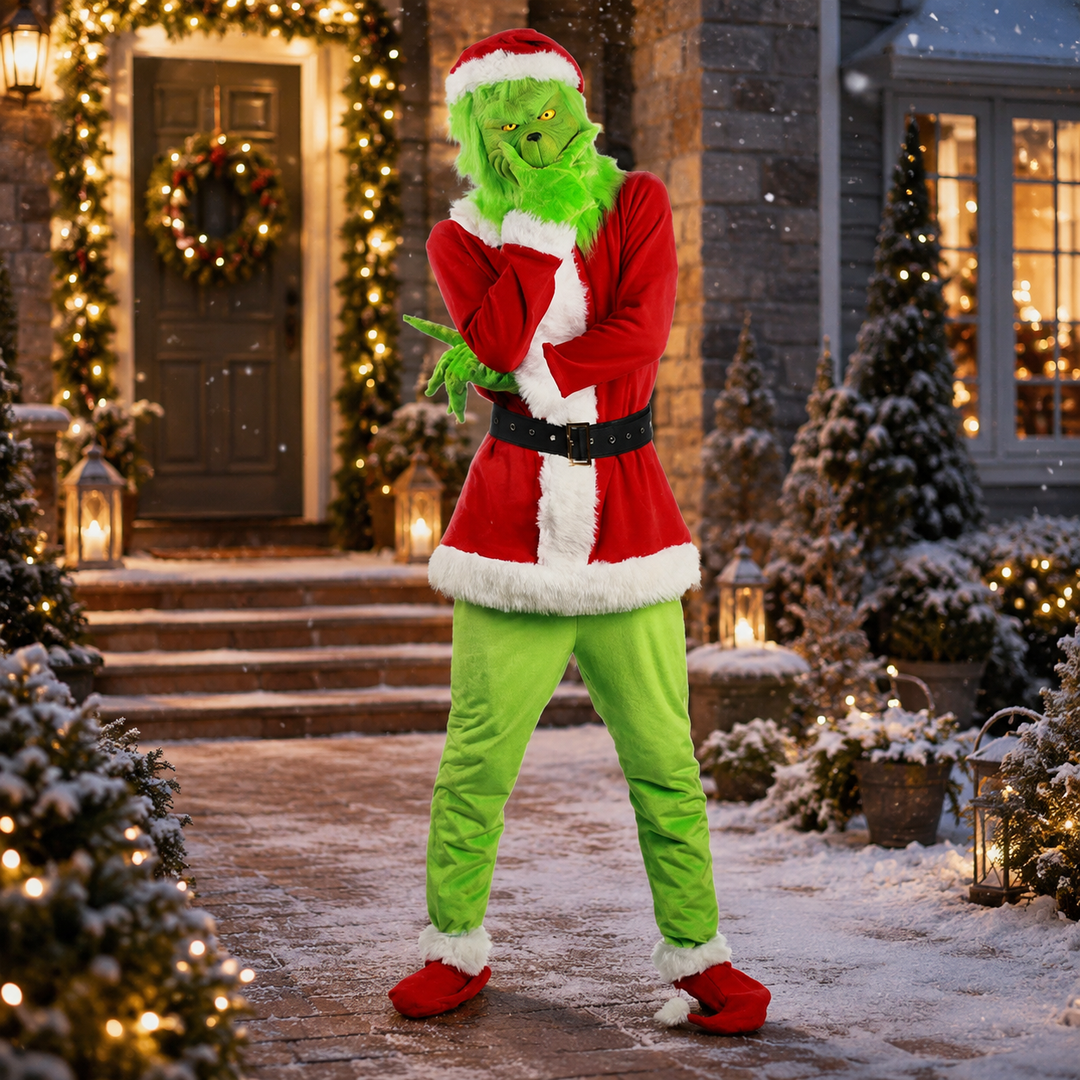 Grinch Mask &amp; Santa Suit Costume for Kids and Adults