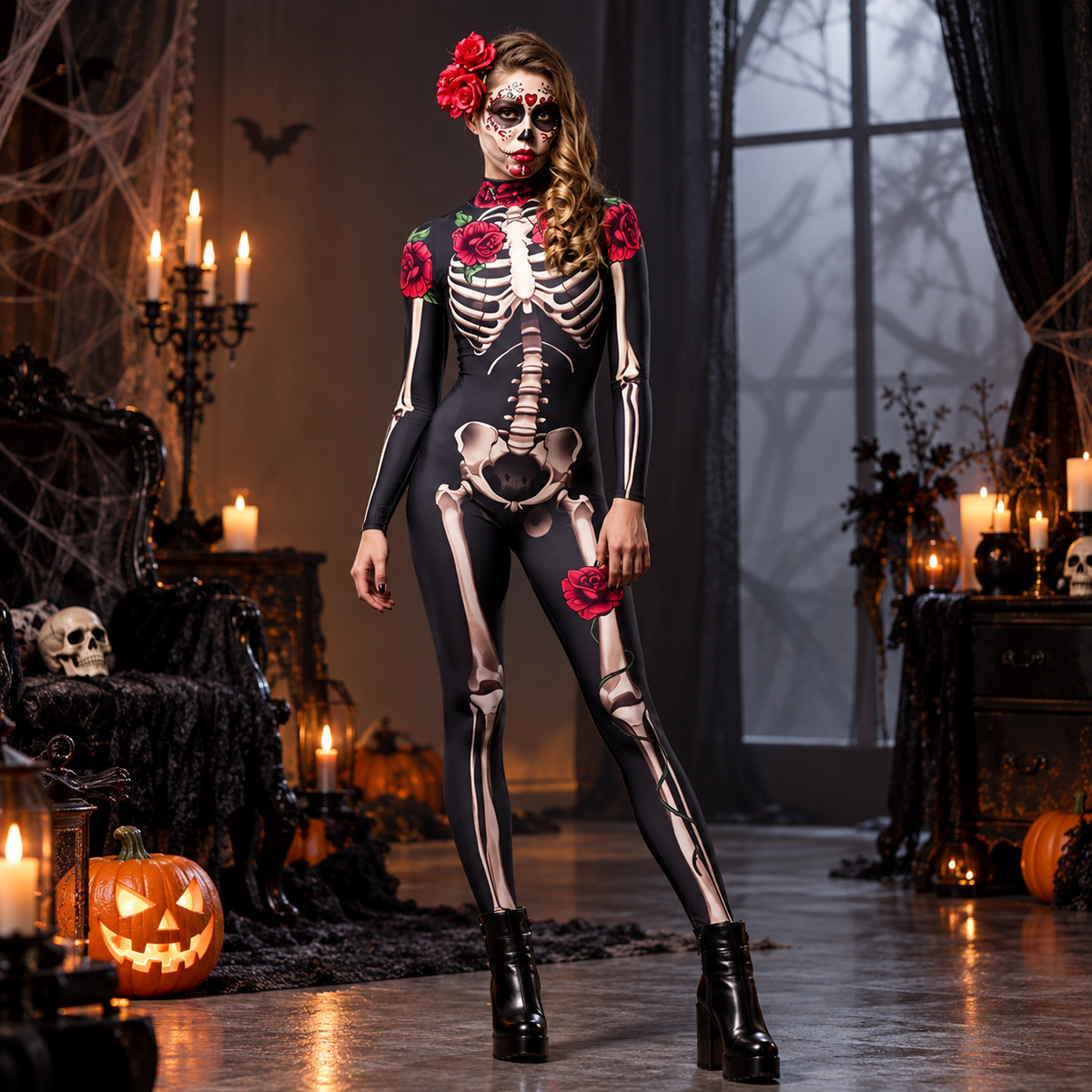 Womens Skeleton Rose Print Long Sleeve Catsuit Halloween Costume