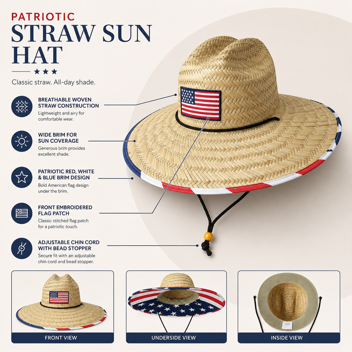American Straw Cowboy Hat Wide Brim Western Sun Beach Patriotic
