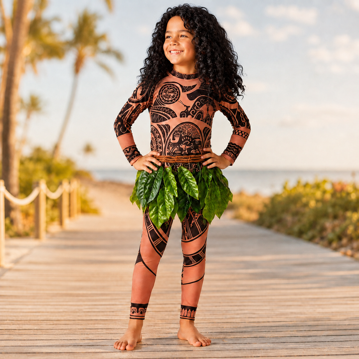 Moana Maui Costume with Tattoo Print and Leaf Skirt Halloween