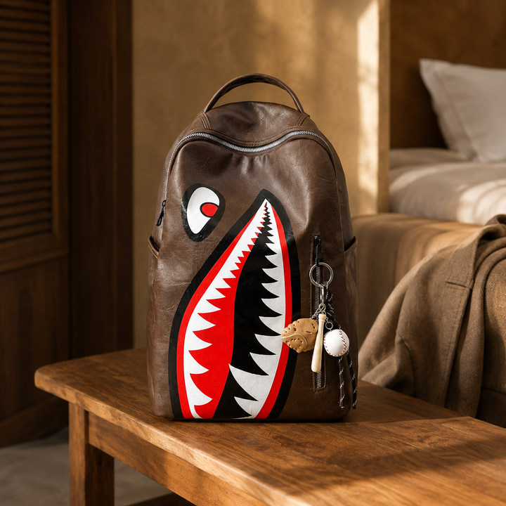 Shark Print Street Style School Backpack, Large Capacity Travel Bag