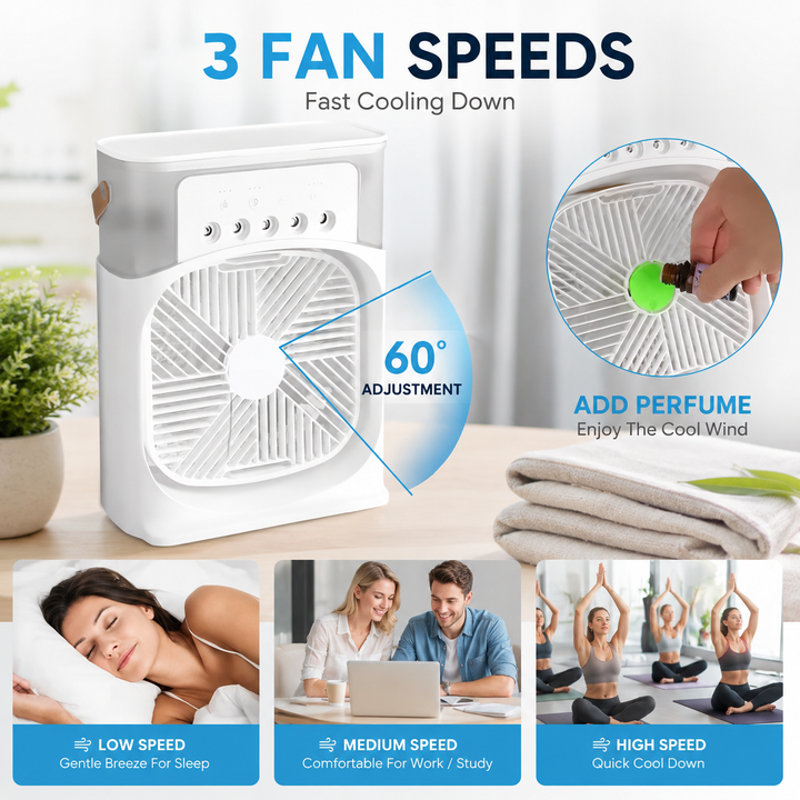 3-in-1 Portable Mini Air Cooler LED Night Light Humidifier Timer Desk Fan