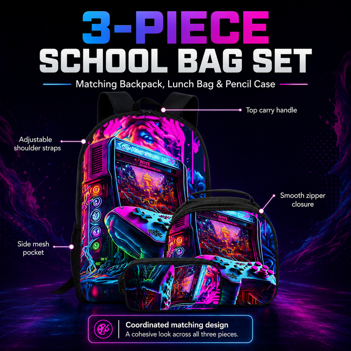 Game Pad 3D Print School Backpack 3Pcs Set Student Laptop Travel Crossbody