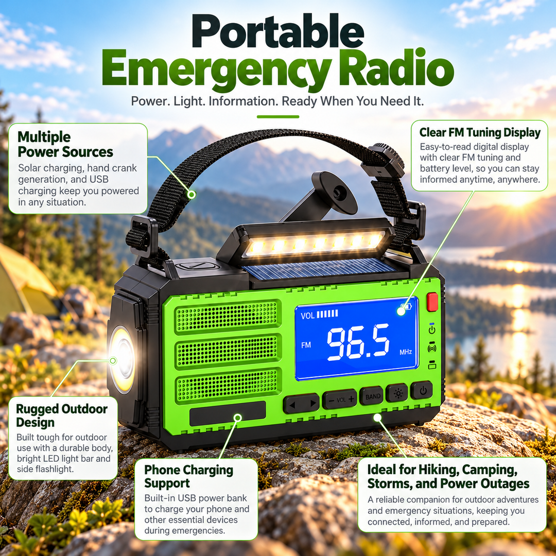 Wind Up Radio Solar Emergency LED Light Bar Digital FM USB Power Bank