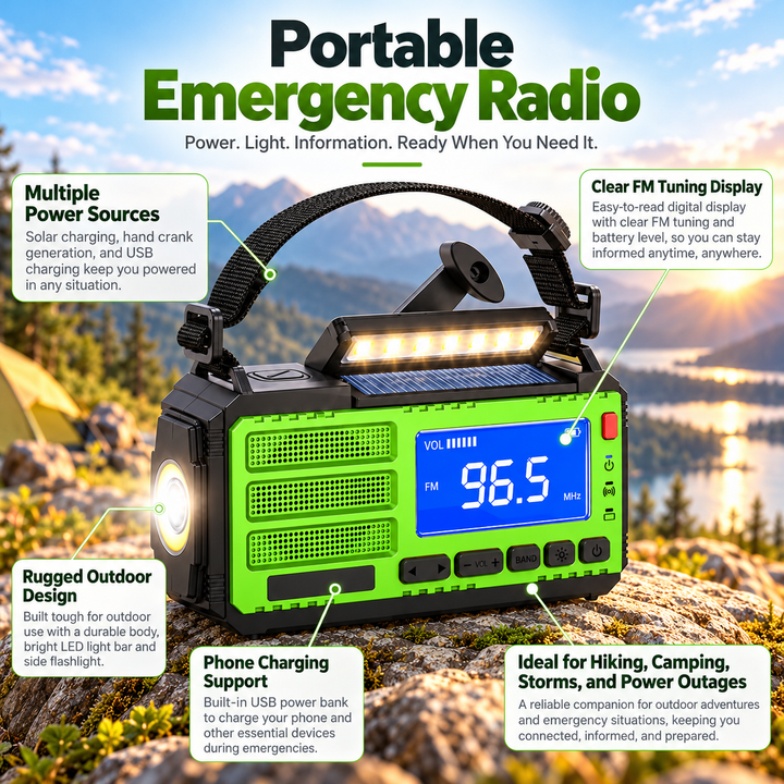 Wind Up Radio Solar Emergency LED Light Bar Digital FM USB Power Bank