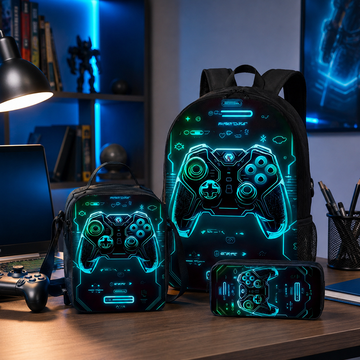 Game Console School Backpack 3Pcs Set Kids Boys Girls 2D Cartoon Gift