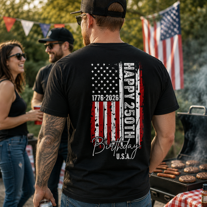 USA 250th Anniversary T-Shirt 1776-2026 Reversible Independence Day July 4th Patriotic Tee