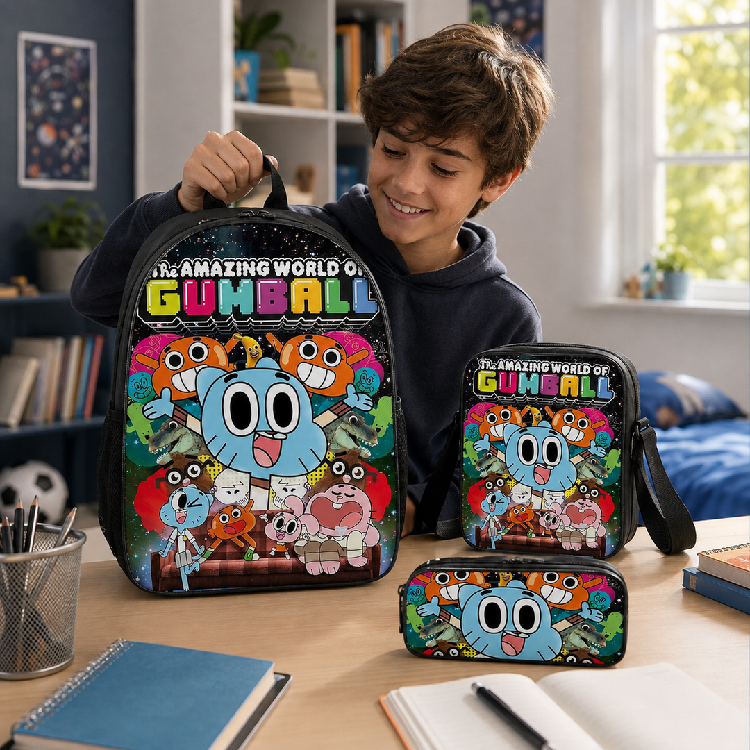 Amazing World of Gumball Kids School Backpack 3-Piece Set with Crossbody Bag &amp; Pencil Case