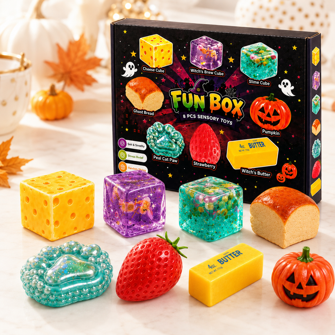 Squishy Fun Box 8-Piece Sensory Toy Set with Food and Animal Shapes