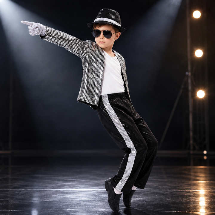 Kids Jackson Inspired Pop Star Costume Silver Sequin Outfit