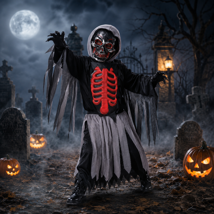 Kids Grim Reaper Skull Cape Costume Halloween Horror Haunted House Performance Cosplay