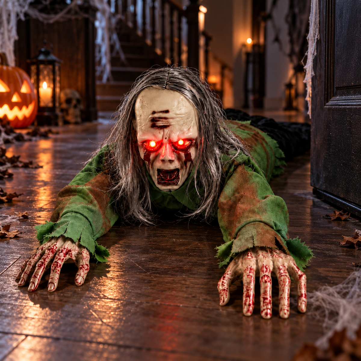 Long Haired Crawling Zombie Prop Light Up Eyes Sound Activated Halloween Decoration