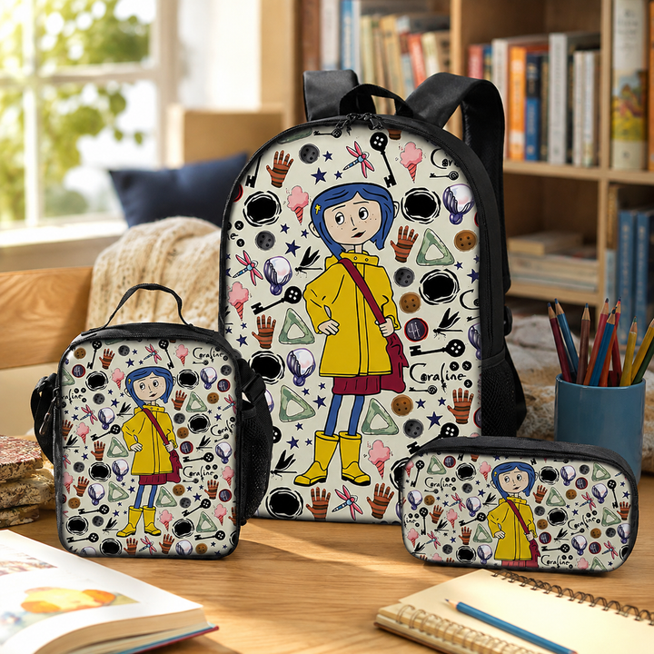Coraline Girls School Backpack 3-Piece Set with Lunch Bag &amp; Pencil Case