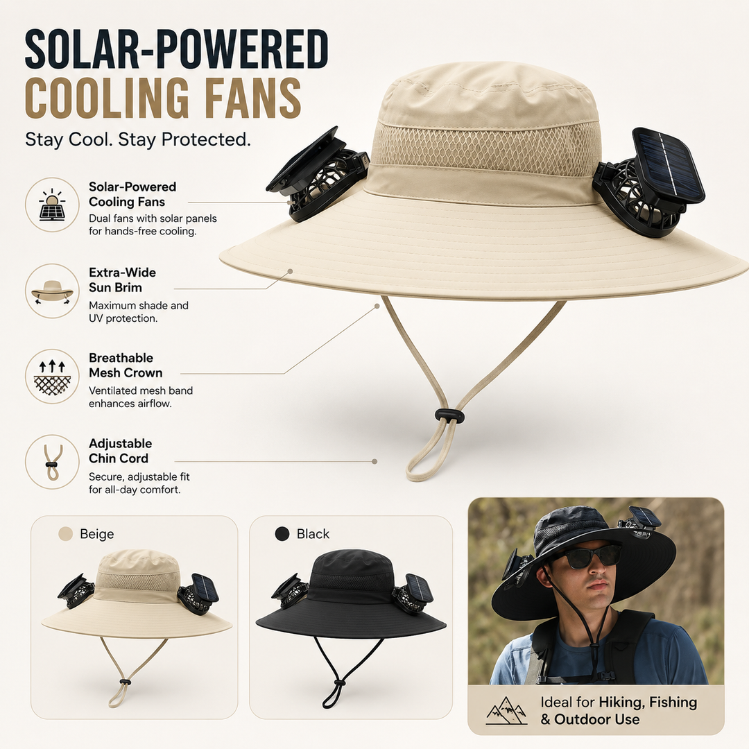 Solar Fan Sun Hat UPF50 Wide Brim USB Beach Fishing Camping