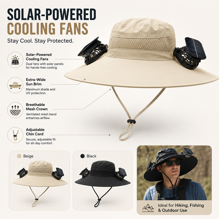 Solar Fan Sun Hat UPF50 Wide Brim USB Beach Fishing Camping