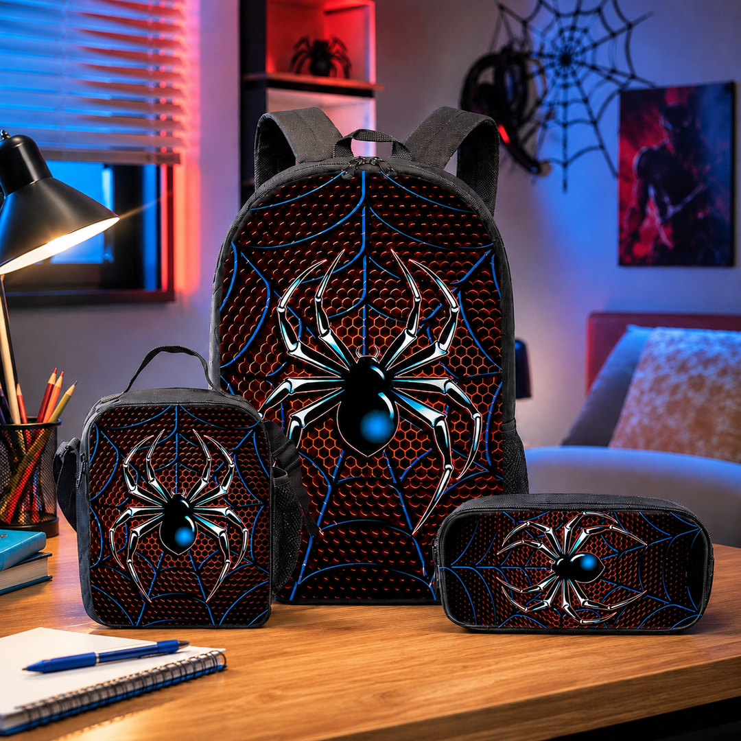 Spider 3D Print School Backpack 3Pcs Set Student Laptop Daypack Crossbody