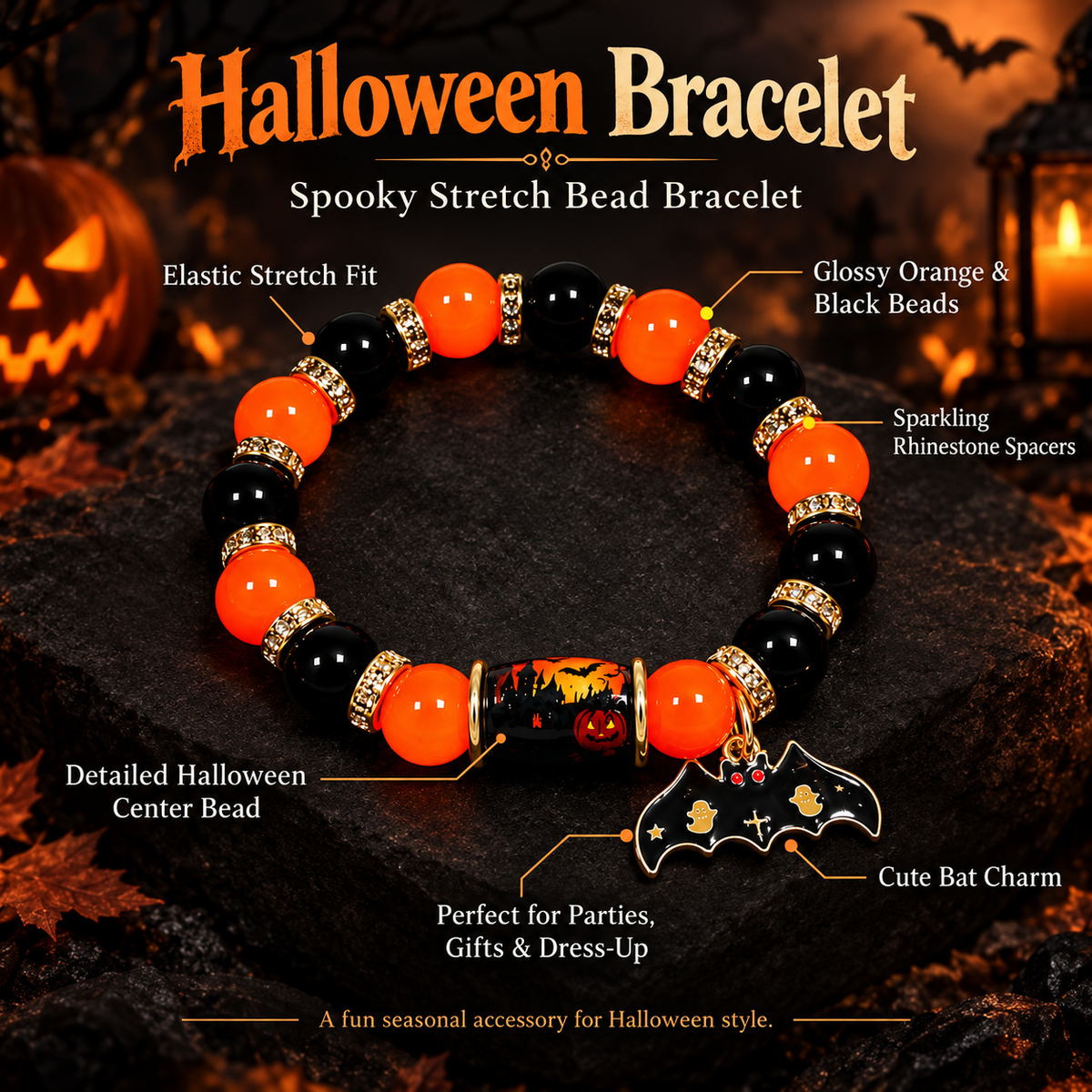 Halloween Crystal Bead Pendant Bracelet Bat Pumpkin Ghost Castle Charm Jewelry