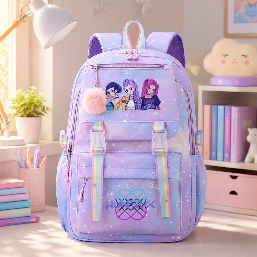 KPop Demon Hunters School Backpack for Girls with Rainbow Straps Large Capacity