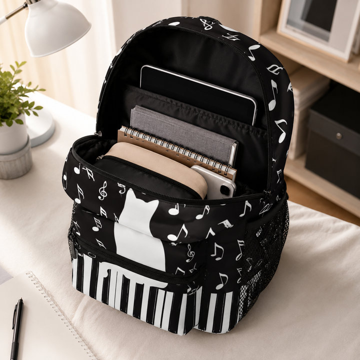 Unisex Funny Cat Piano Print School Laptop Backpack